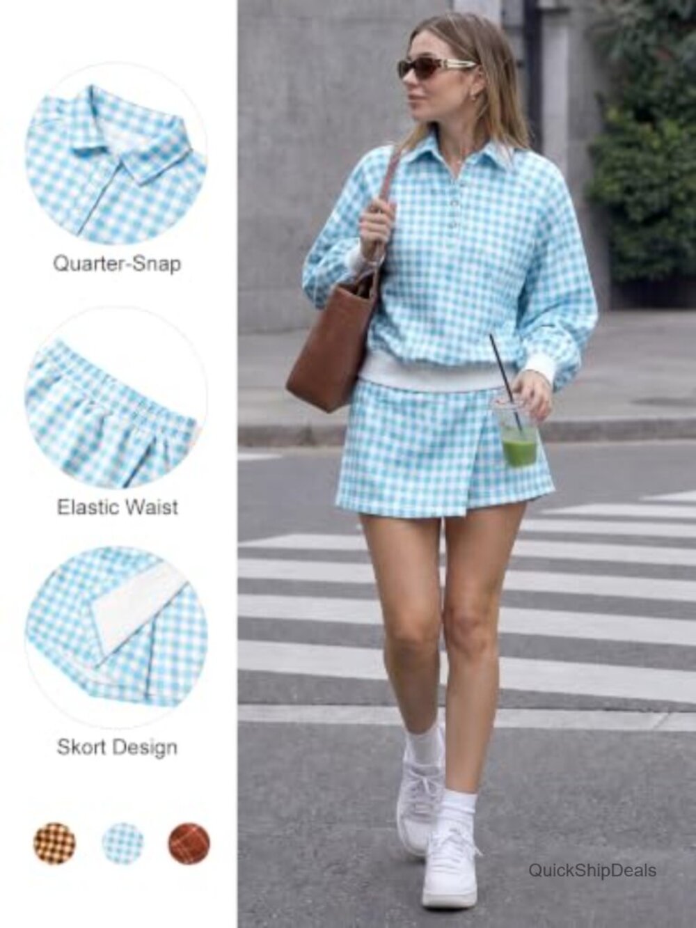 Plaid 2 Piece Skirt Set Balloon Sleeve Polo Mini Polyester Blend - Picture 6 of 6
